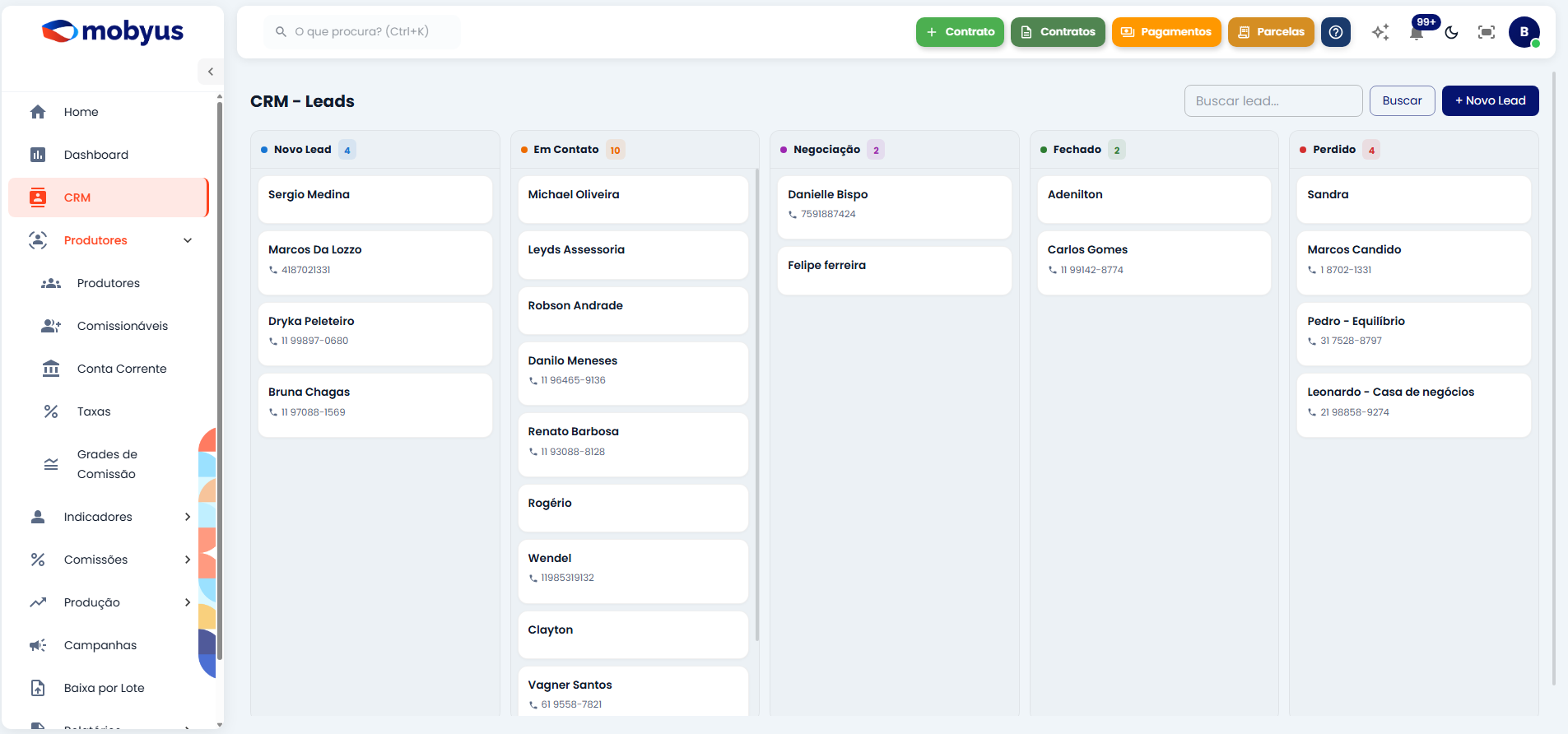 CRM da Mobyus com funil de leads